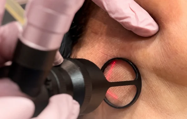 Ponteira de laser de CO₂ fracionado apoiada na pele, com a mira vermelha acesa e a grade de microcolunas visível na área tratada